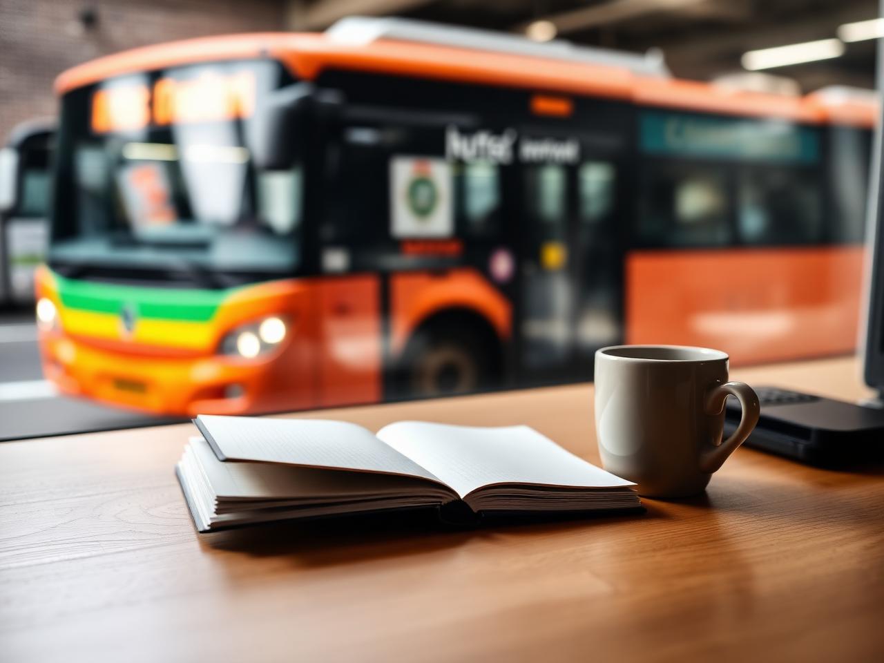 Notitieboek en laptop bij bus op achtergrond, blog over buschauffeur worden