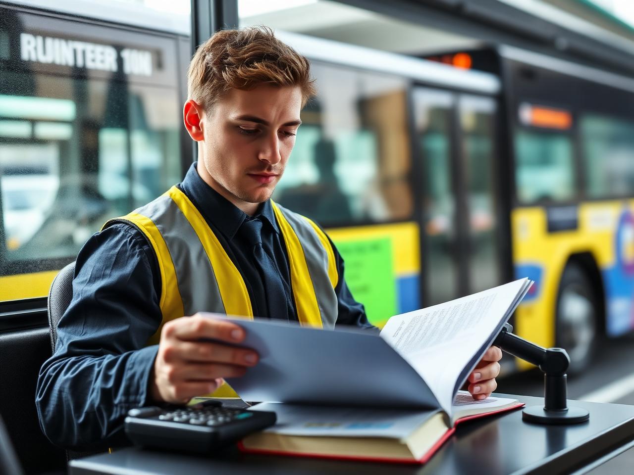 Trainee bestudeert opleidingskosten met boek en rekenmachine, kosten opleiding buschauffeur