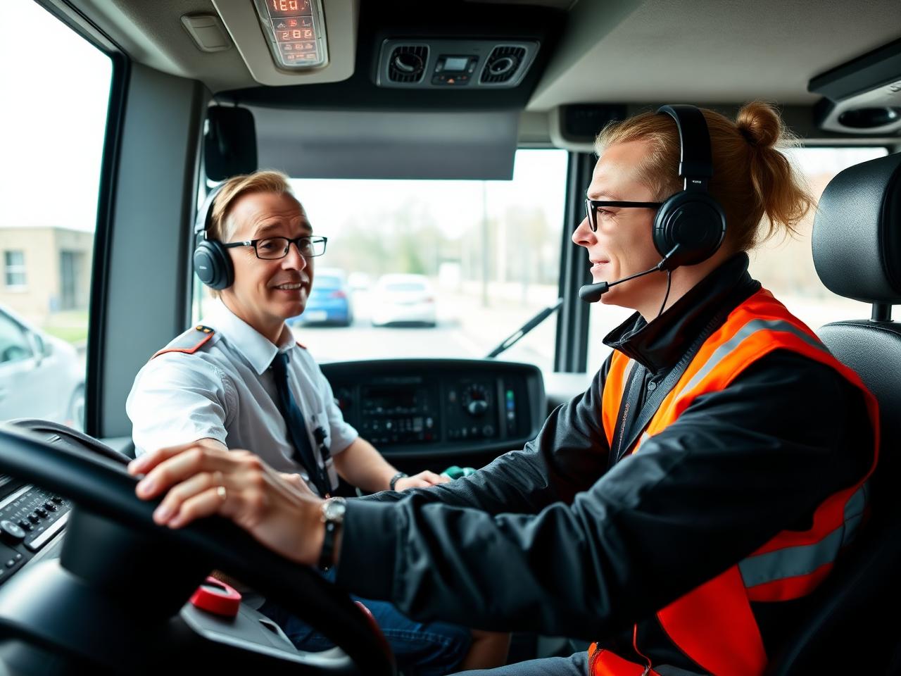 Rij-instructeur coacht trainee in modern busstuurhuis, opleiding buschauffeur